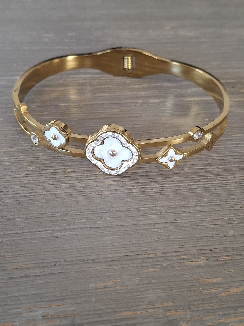 Gold-Tone Floral Mother-of-Pearl Bangle Bracelet